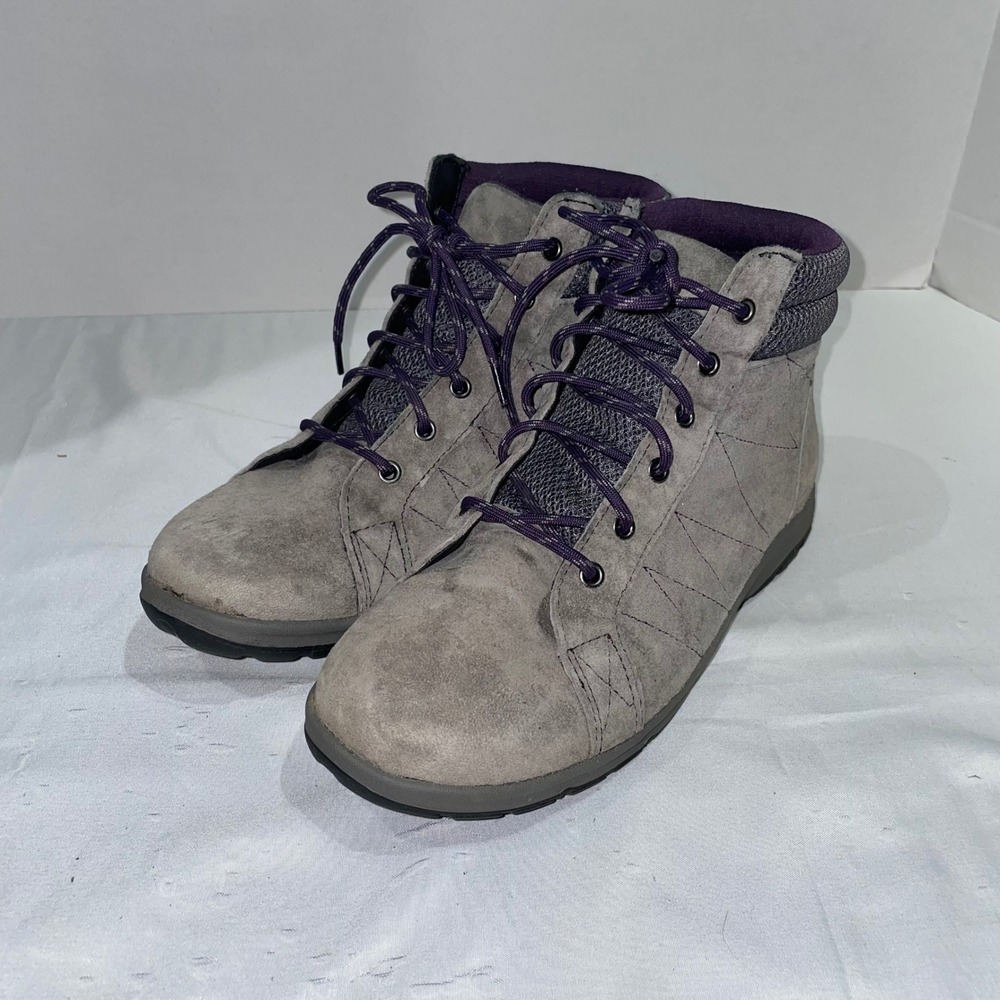 Duluth Trading Co Womens Grey Suede Leather Ankle Boots Purple Trim Size 8 39703